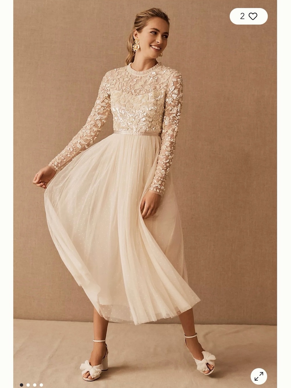 Needle & Thread Cream Long-Sleeve Embellished Tulle Midi Dress, pre-owned